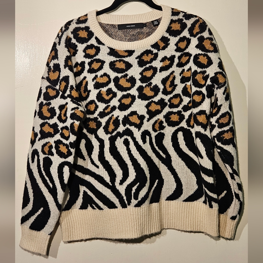 Vero Moda Animal Print Sweater Leopard & Zebra Pattern Knit Crewneck Large